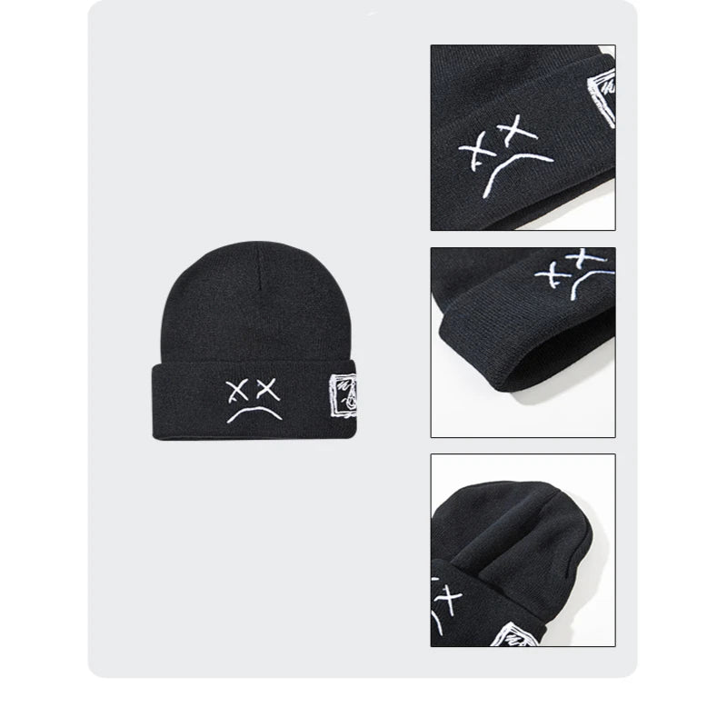 Embroidered Sad Face Beanie